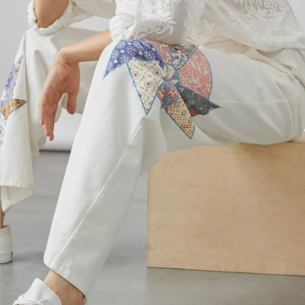 Forever That Girl AnthropologieWhite Patchwork Embroidered Wide-Leg Pants